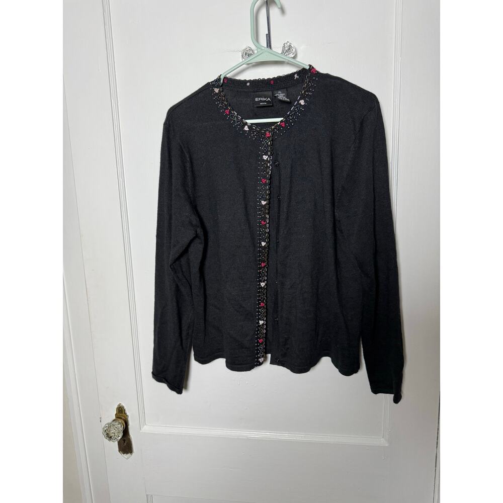 Vintage Erika Black Beaded Floral Coquette Girly Frilly Cardigan Sweater PL
